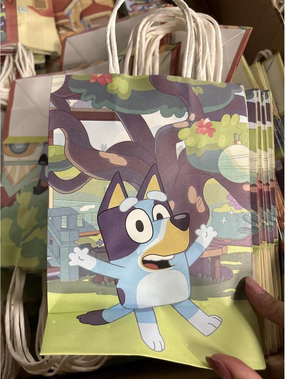 10 Bluey gift bags with Bluey the dog character. Bags are paper